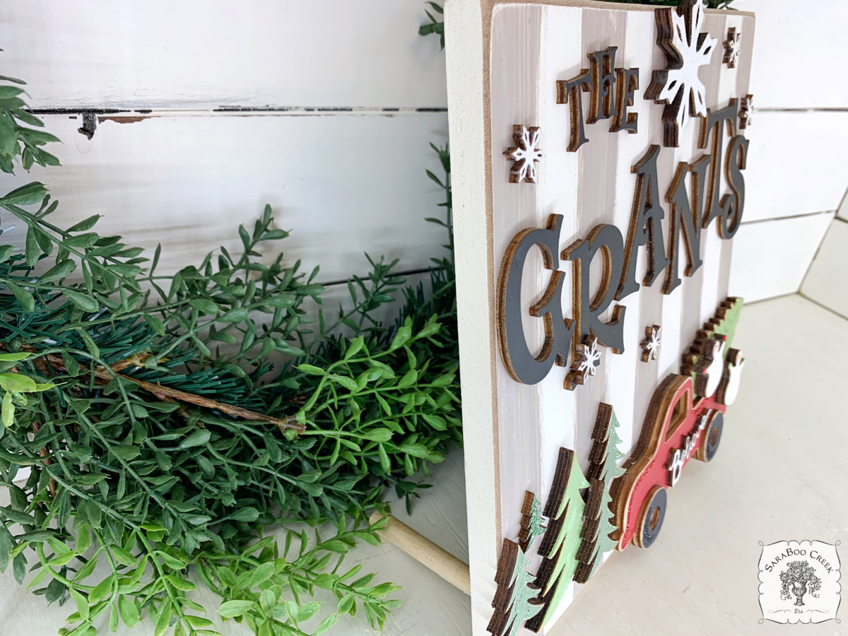 Striped Sign with Last Name Truck and Snowmen