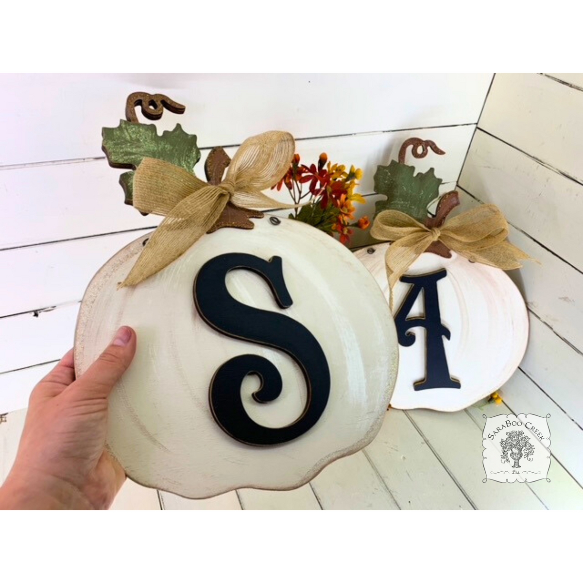 White Fall Pumpkin Customized with Initial - Simply Classic Autumn Decoration