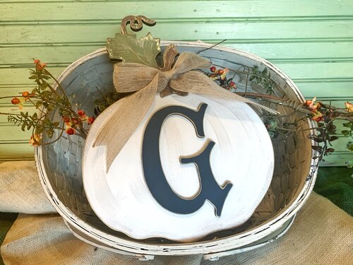 White Fall Pumpkin Customized with Initial - Simply Classic Autumn Decoration