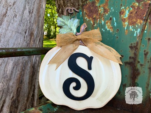 White Fall Pumpkin Customized with Initial - Simply Classic Autumn Decoration