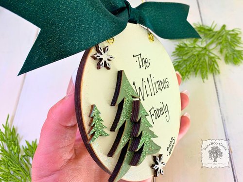 Christmas Trees Disc Ornament - Personalized 5" Pine Trees & Snowflakes Winter White Ornament