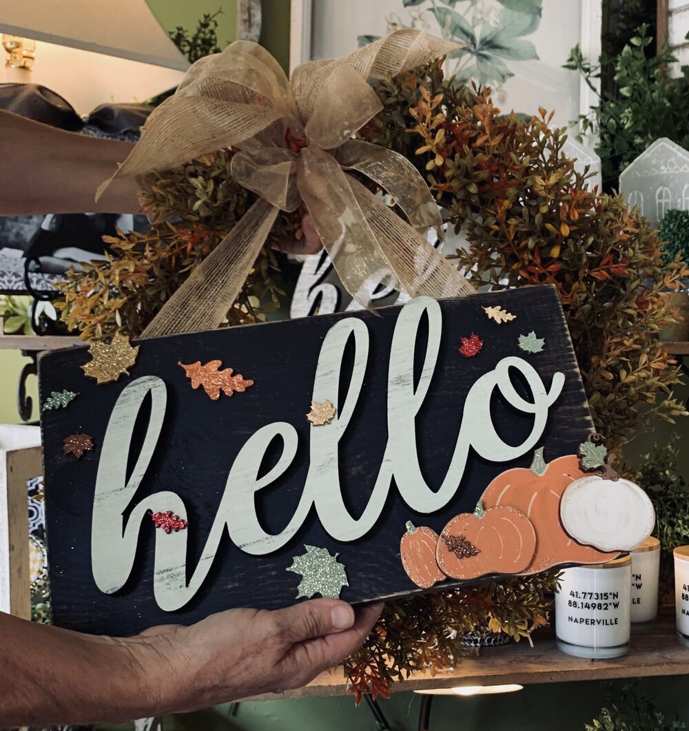 Rustic Fall Pumpkins Plaque with "hello" & Fall Leaves - Autumn Door Hanger