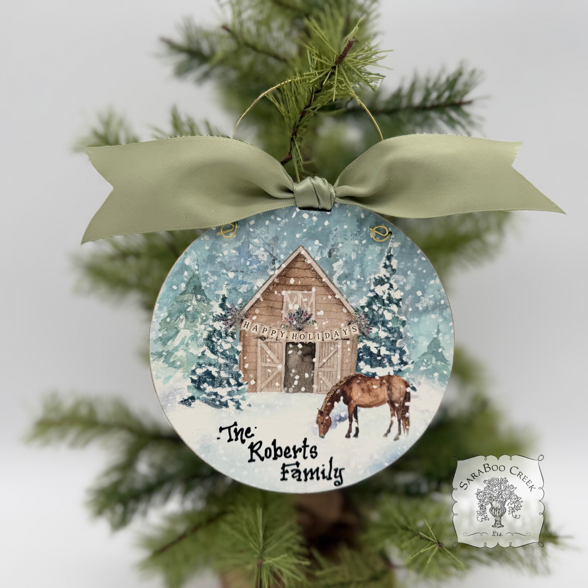Happy Holidays Horse Stable- Woodland Christmas Watercolor Wood Ornament