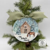 Happy Holidays Horse Stable- Woodland Christmas Watercolor Wood Ornament