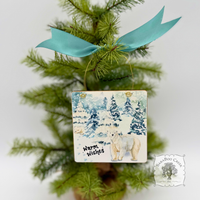 Polar Bear Christmas Ornament - Watercolor Hand Glittered Wood Ornament