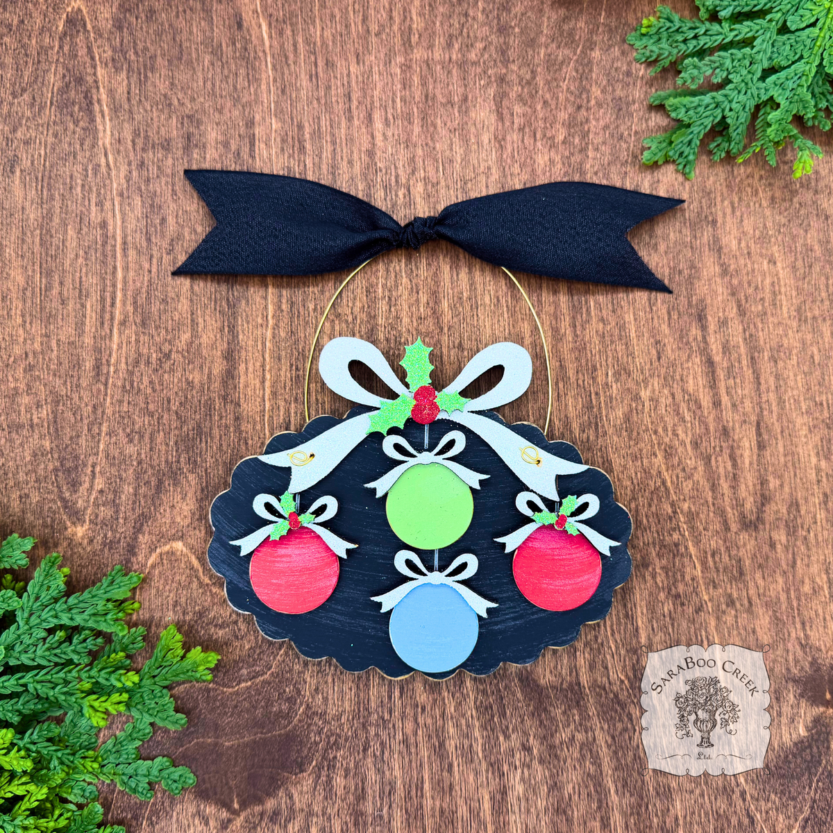 Family, Grandchildren. or Group Personalized Christmas Ornament w/ 2-7 Layered Ball Ornaments topped w/ Wood Bows