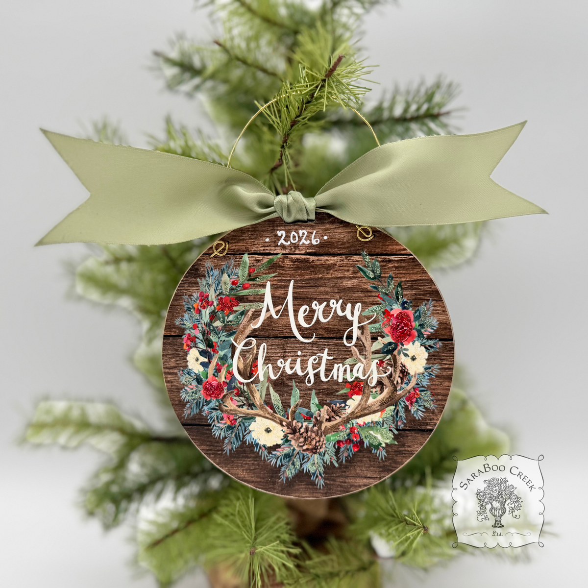 Merry Christmas Antlers- Country Christmas Watercolor Wood Ornament