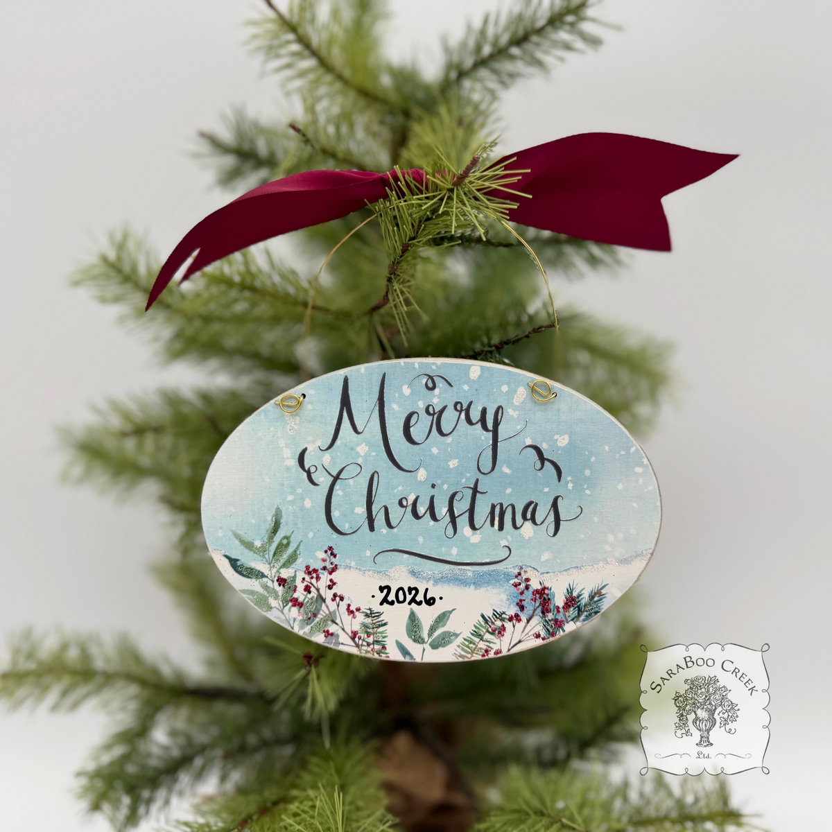 Merry Christmas Ornament - Watercolor Wood Oval Ornament