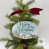 Merry Christmas Ornament - Watercolor Wood Oval Ornament