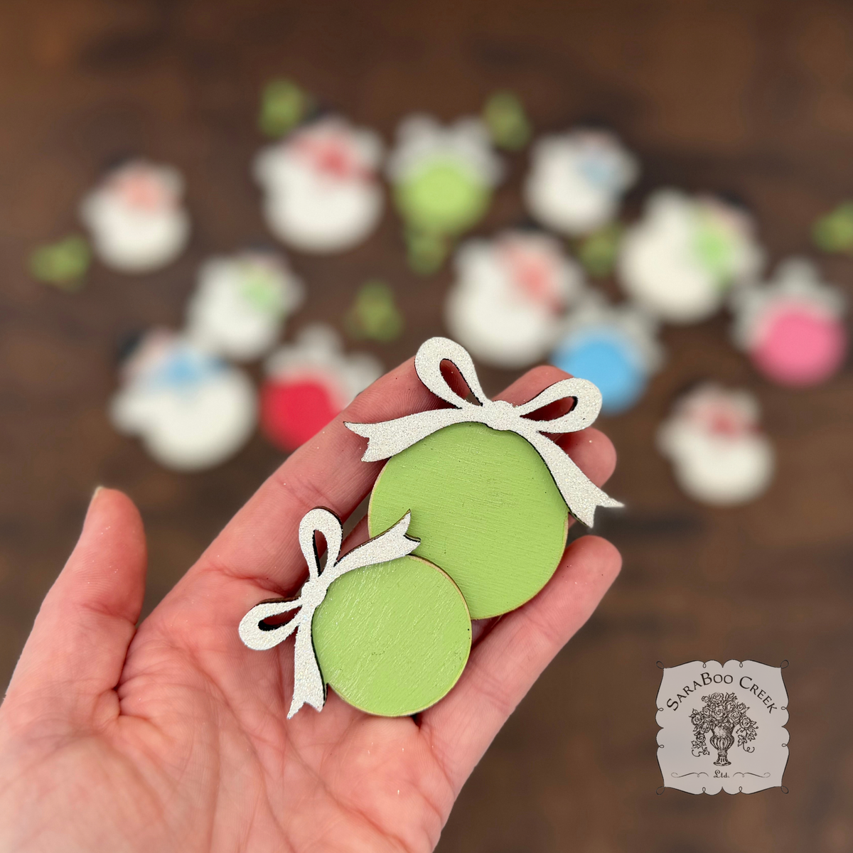 Christmas Wood Shape Pieces - Retro Snowman and Ball Ornament with Bow