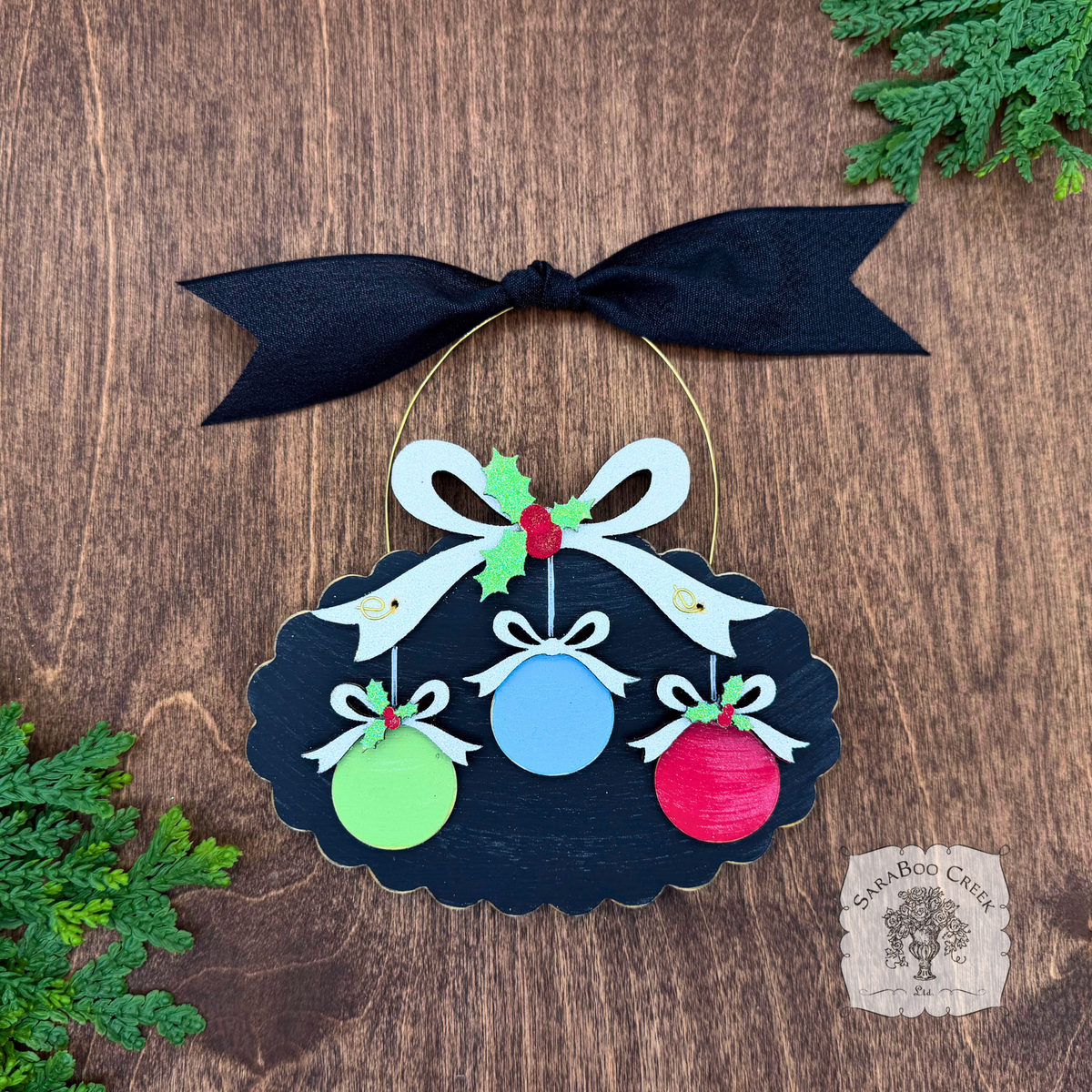 Family, Grandchildren. or Group Personalized Christmas Ornament w/ 2-7 Layered Ball Ornaments topped w/ Wood Bows