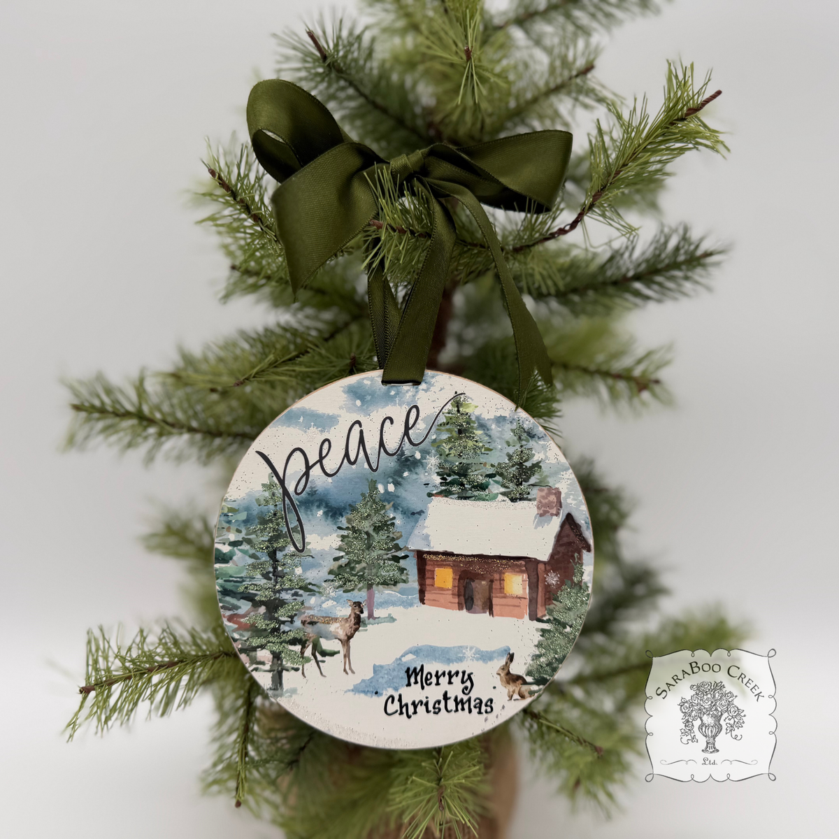 Peaceful Woodland Winter Scene Ornament, Hand Glittered Wood Watercolor Gift