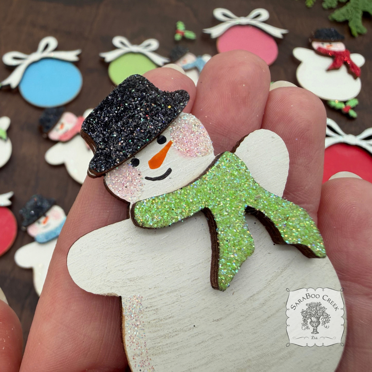 Christmas Wood Shape Pieces - Retro Snowman and Ball Ornament with Bow