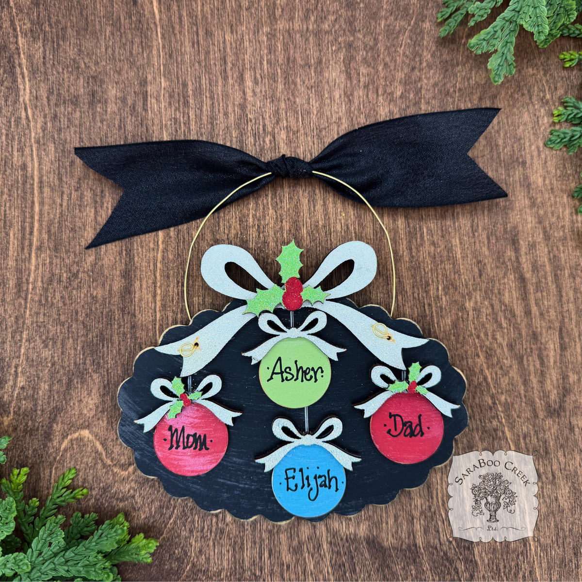 Family, Grandchildren. or Group Personalized Christmas Ornament w/ 2-7 Layered Ball Ornaments topped w/ Wood Bows