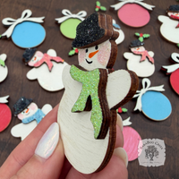 Christmas Wood Shape Pieces - Retro Snowman and Ball Ornament with Bow