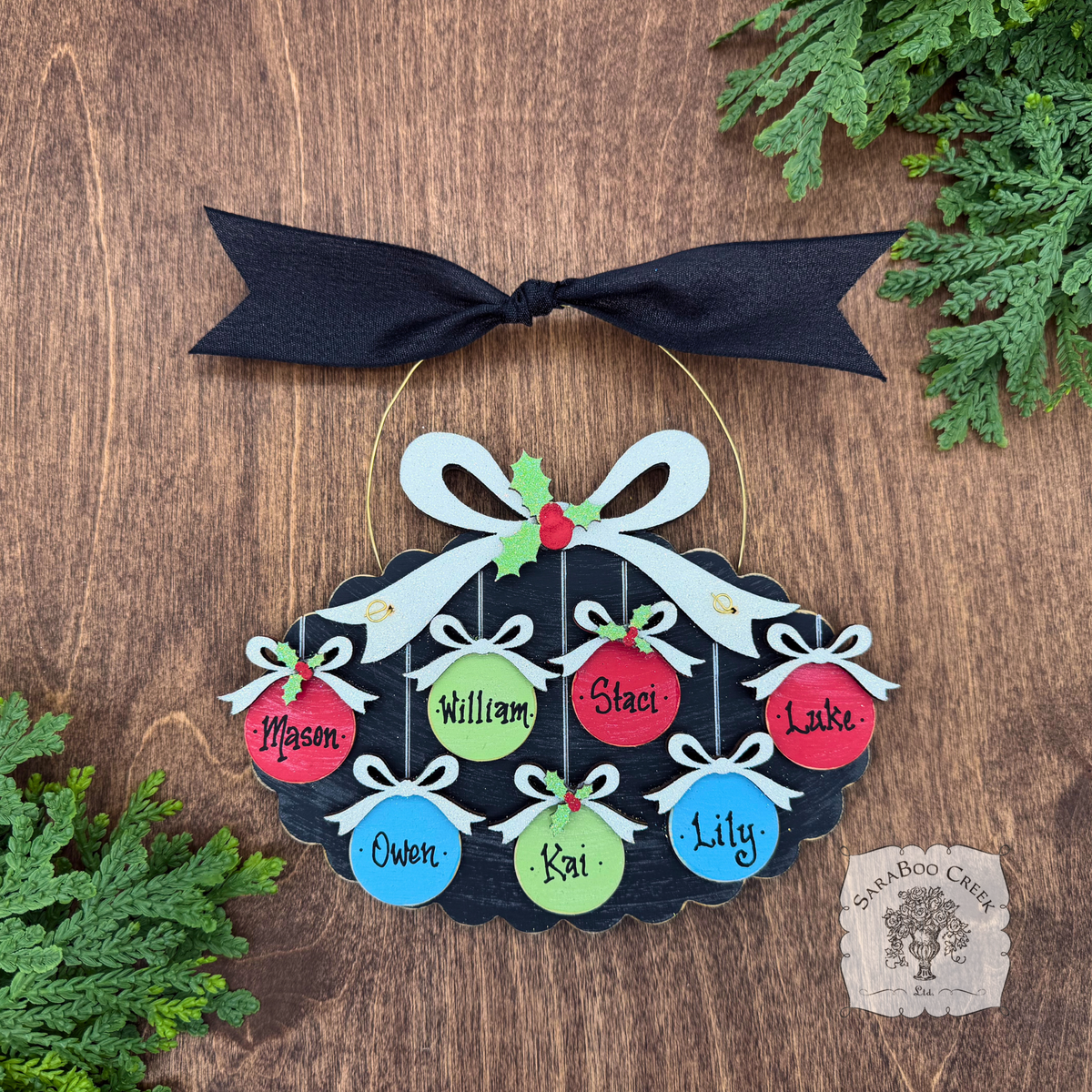 Family, Grandchildren. or Group Personalized Christmas Ornament w/ 2-7 Layered Ball Ornaments topped w/ Wood Bows