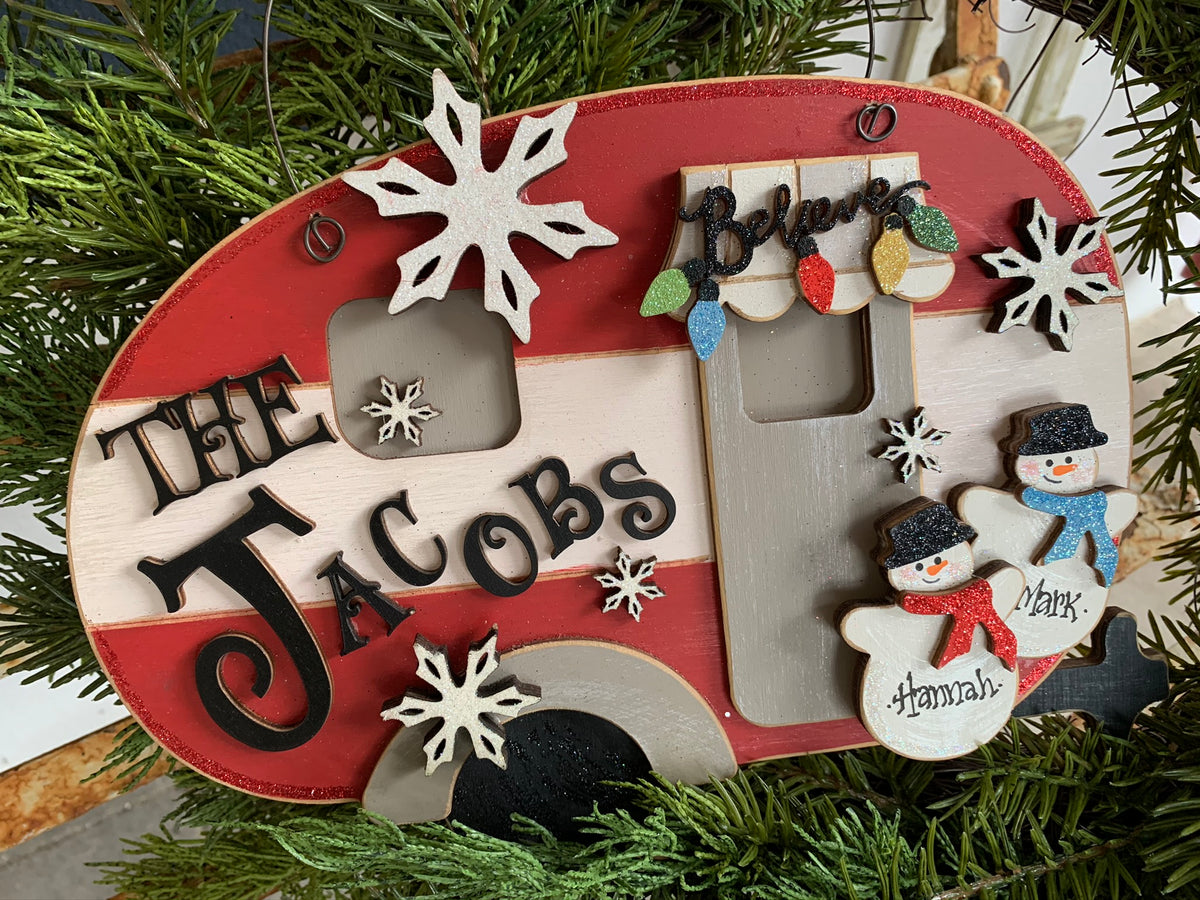Christmas Wood Shape Pieces - Retro Snowman and Ball Ornament with Bow