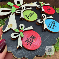 Family, Grandchildren. or Group Personalized Christmas Ornament w/ 2-7 Layered Ball Ornaments topped w/ Wood Bows