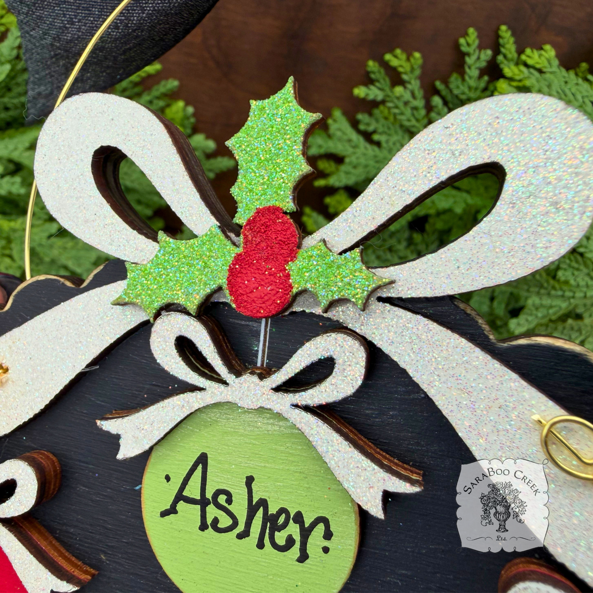 Family, Grandchildren. or Group Personalized Christmas Ornament w/ 2-7 Layered Ball Ornaments topped w/ Wood Bows