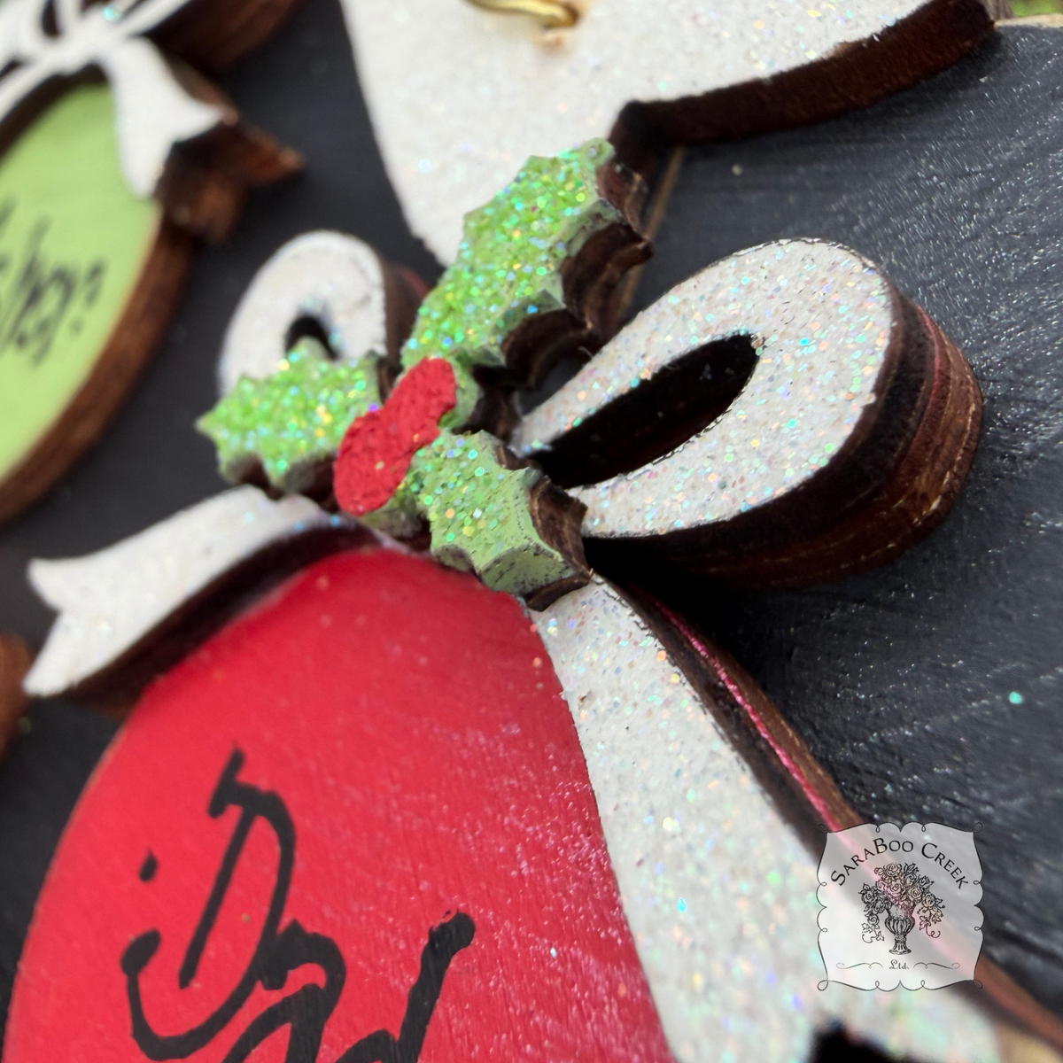 Family, Grandchildren. or Group Personalized Christmas Ornament w/ 2-7 Layered Ball Ornaments topped w/ Wood Bows