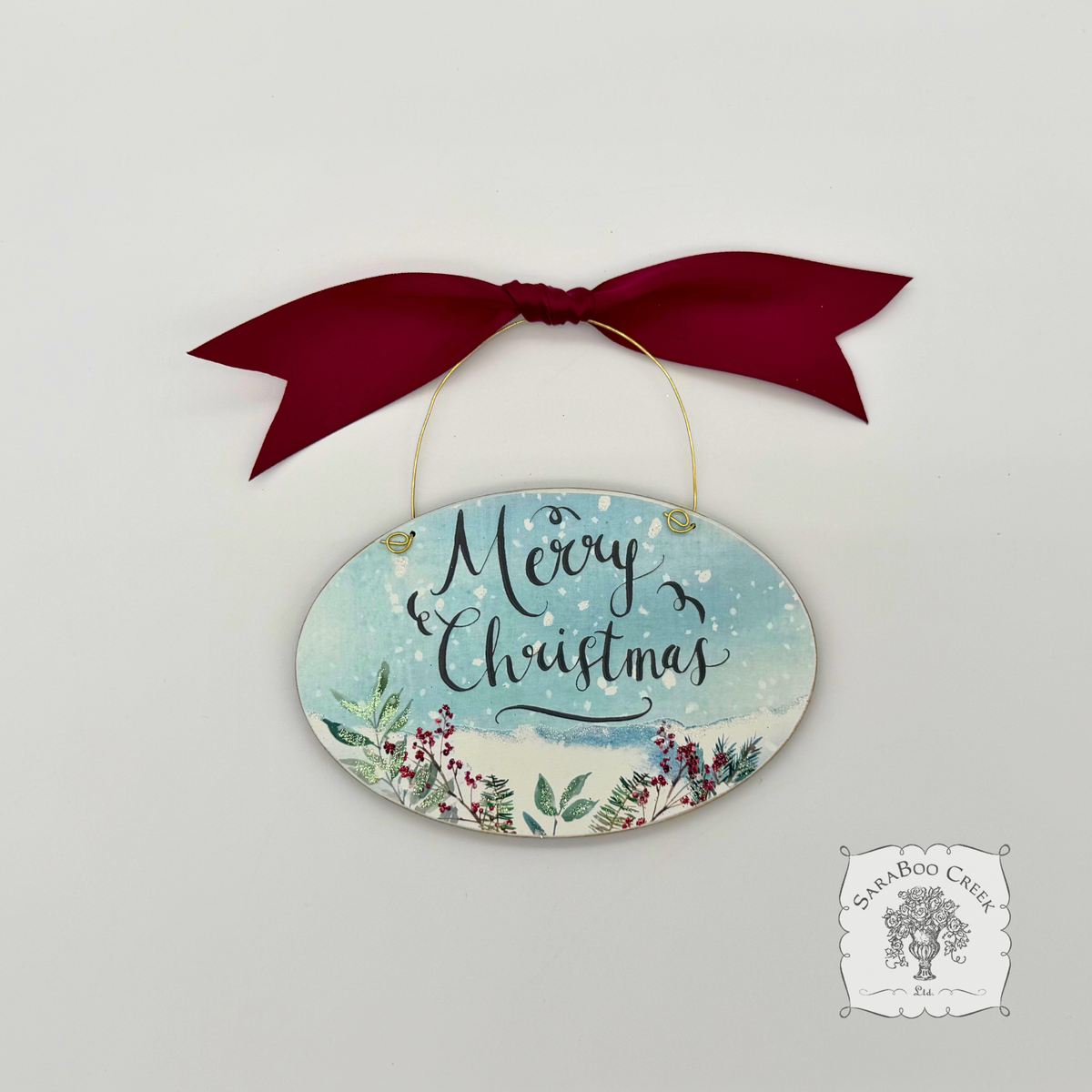 Merry Christmas Ornament - Watercolor Wood Oval Ornament