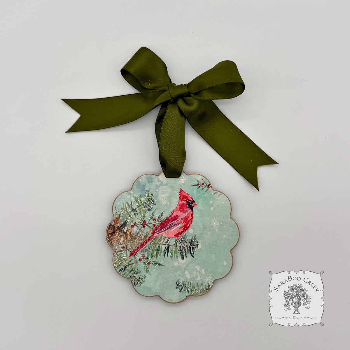 Cardinal Winter Scene- Woodland Holiday Watercolor Wood Ornament