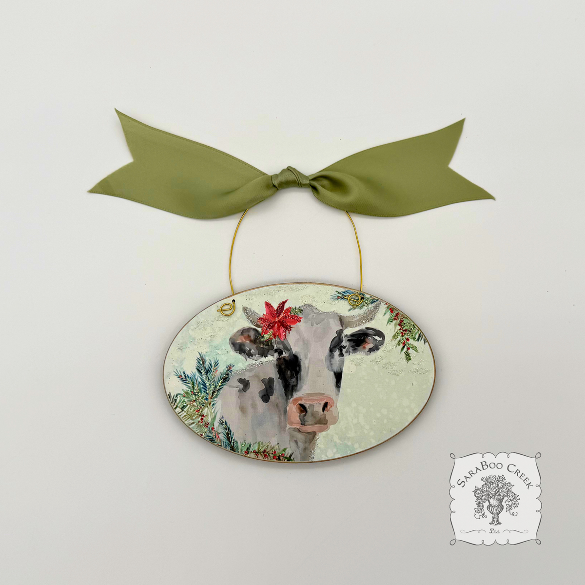 Cow Winter Scene- Holiday Watercolor Wood Ornament