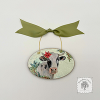 Cow Winter Scene- Holiday Watercolor Wood Ornament