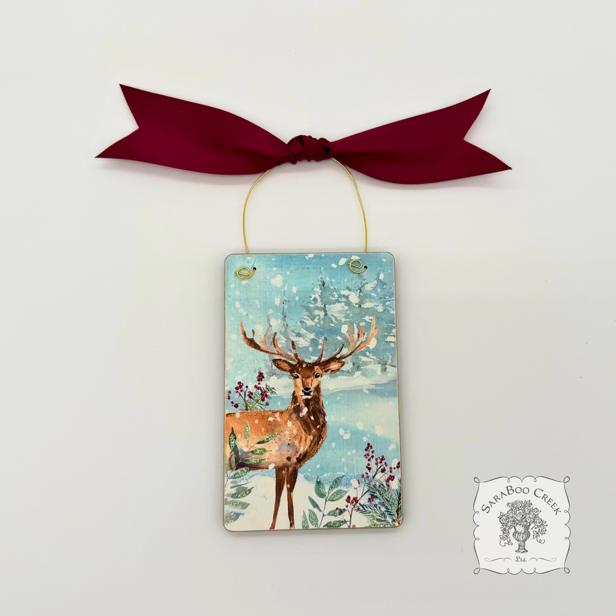 Deer Woodland Winter Scene- Holiday Watercolor Wood Ornament