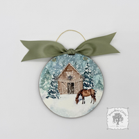 Happy Holidays Horse Stable- Woodland Christmas Watercolor Wood Ornament