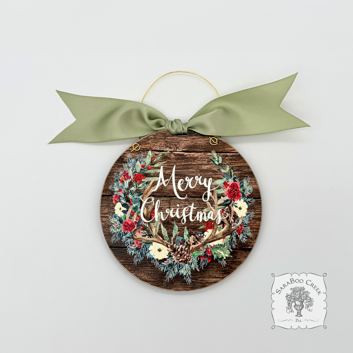 Merry Christmas Antlers- Country Christmas Watercolor Wood Ornament