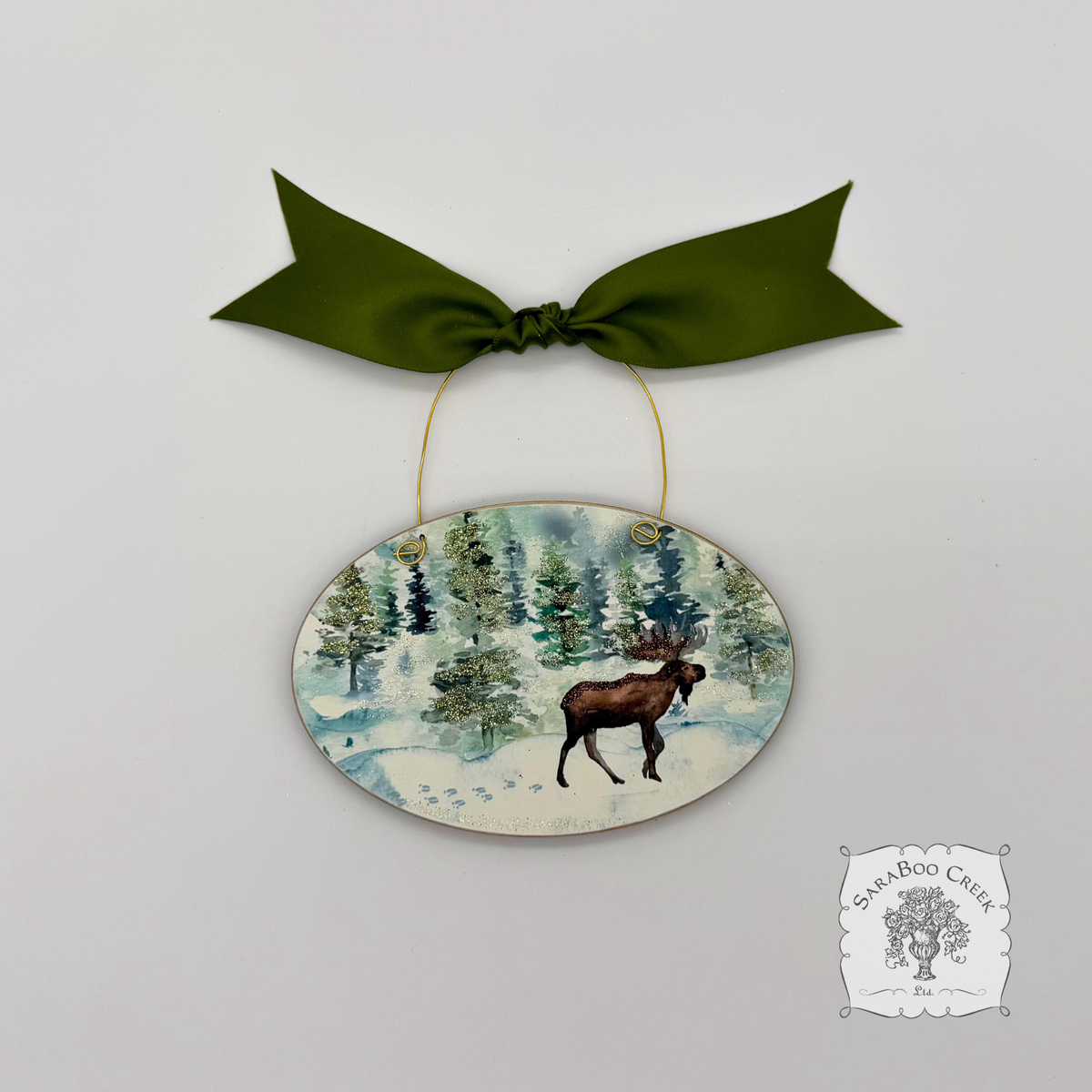 Moose Christmas Ornament, Personalizable Wood Watercolor Winter Scene