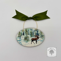 Moose Christmas Ornament, Personalizable Wood Watercolor Winter Scene