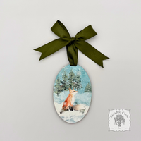 Fox Woodland Winter Scene- Holiday Watercolor Wood Ornament