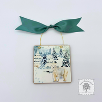Polar Bear Christmas Ornament - Watercolor Hand Glittered Wood Ornament