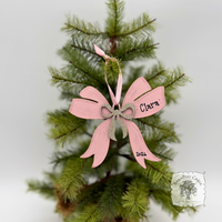 Personalized Pastel Pink and Silver Wood Bow Ornament