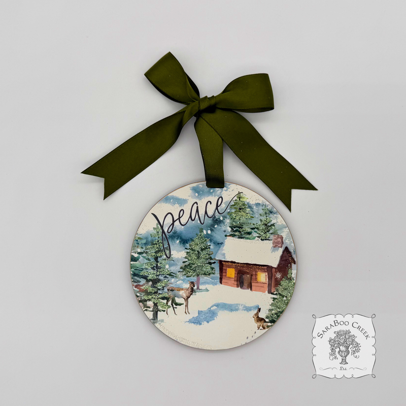 Peaceful Woodland Winter Scene Ornament, Hand Glittered Wood Watercolor Gift