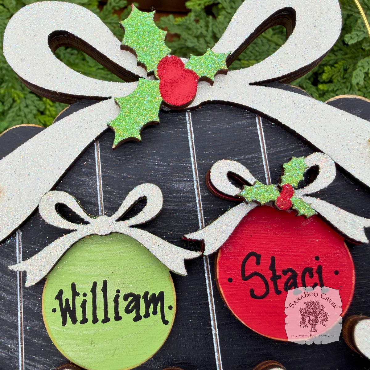 Family, Grandchildren. or Group Personalized Christmas Ornament w/ 2-7 Layered Ball Ornaments topped w/ Wood Bows