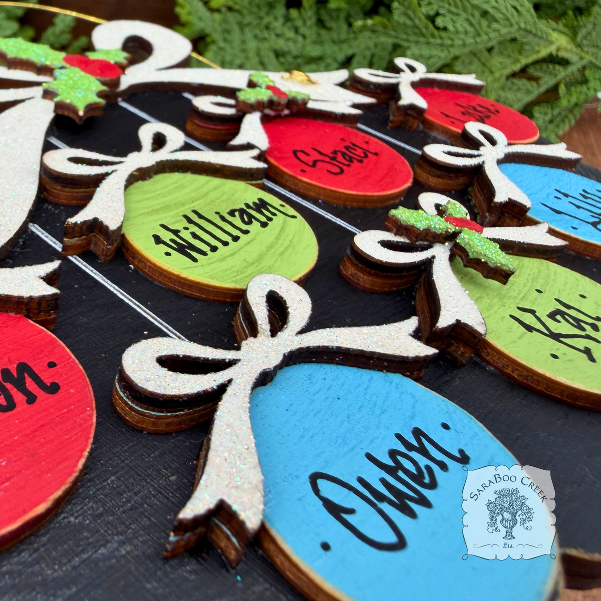 Family, Grandchildren. or Group Personalized Christmas Ornament w/ 2-7 Layered Ball Ornaments topped w/ Wood Bows
