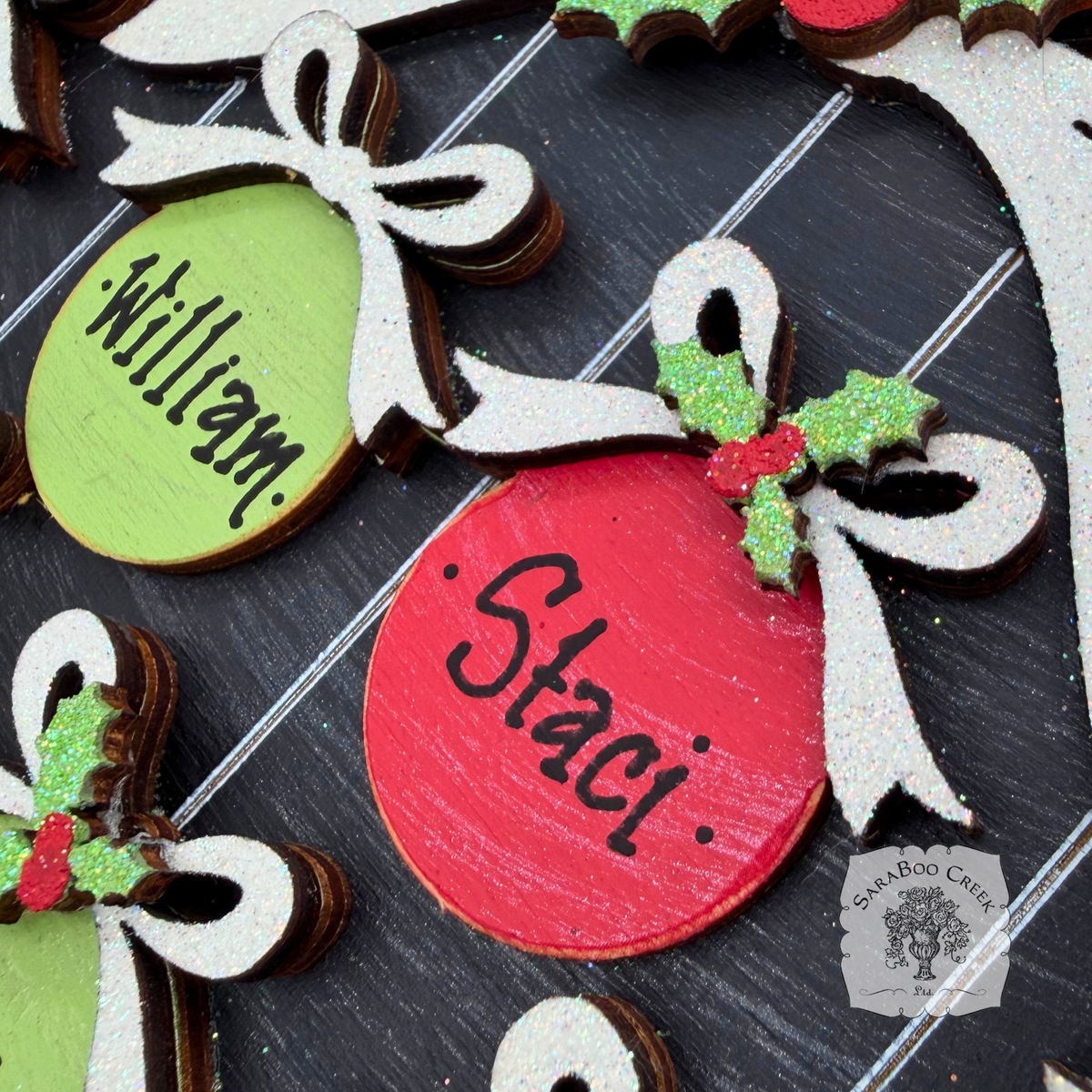 Family, Grandchildren. or Group Personalized Christmas Ornament w/ 2-7 Layered Ball Ornaments topped w/ Wood Bows