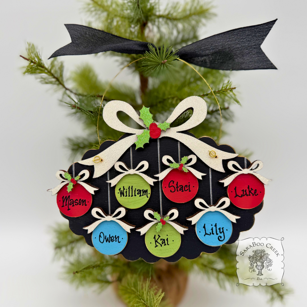 Family, Grandchildren. or Group Personalized Christmas Ornament w/ 2-7 Layered Ball Ornaments topped w/ Wood Bows