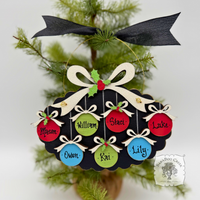 Family, Grandchildren. or Group Personalized Christmas Ornament w/ 2-7 Layered Ball Ornaments topped w/ Wood Bows