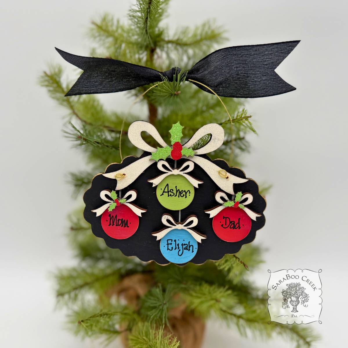 Family, Grandchildren. or Group Personalized Christmas Ornament w/ 2-7 Layered Ball Ornaments topped w/ Wood Bows