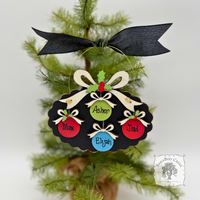 Family, Grandchildren. or Group Personalized Christmas Ornament w/ 2-7 Layered Ball Ornaments topped w/ Wood Bows