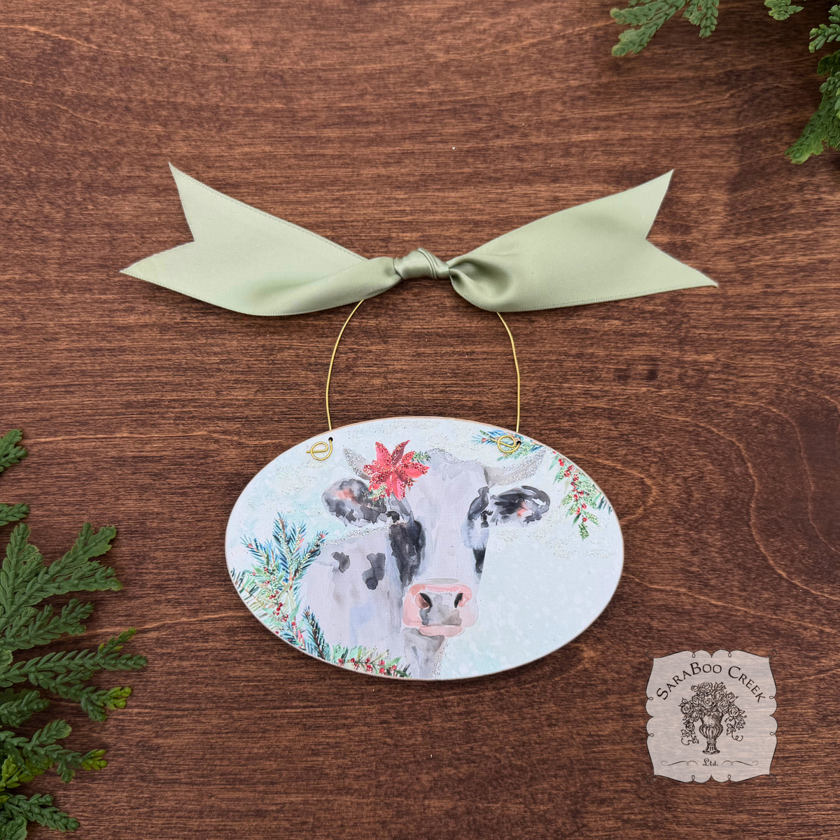 Cow Winter Scene- Holiday Watercolor Wood Ornament