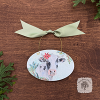 Cow Winter Scene- Holiday Watercolor Wood Ornament
