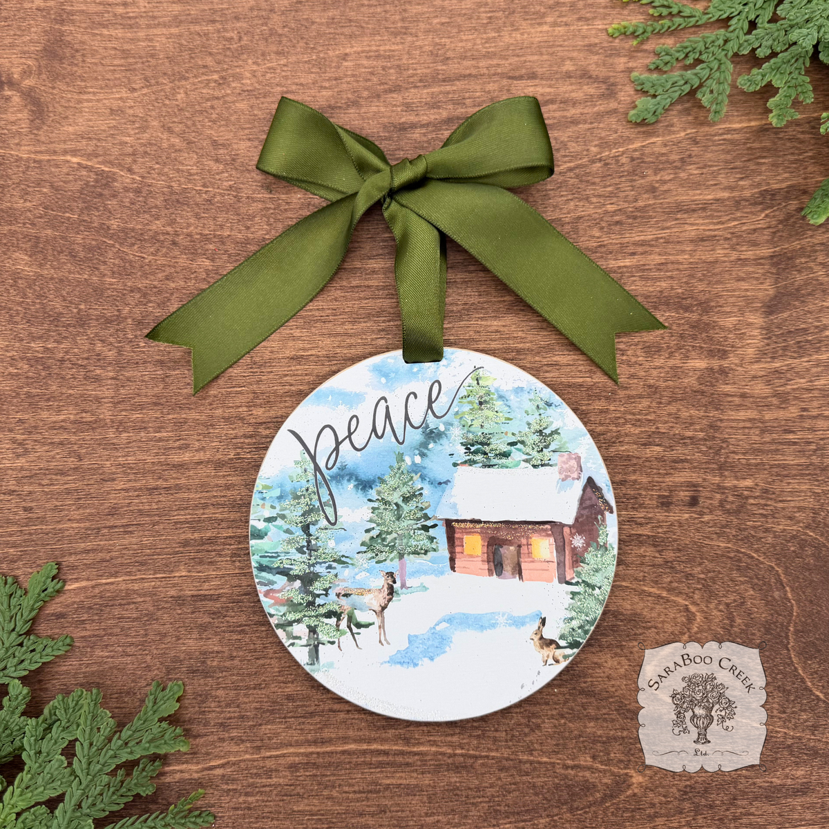 Peaceful Woodland Winter Scene Ornament, Hand Glittered Wood Watercolor Gift