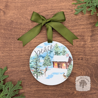 Peaceful Woodland Winter Scene Ornament, Hand Glittered Wood Watercolor Gift