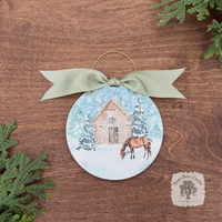 Happy Holidays Horse Stable- Woodland Christmas Watercolor Wood Ornament