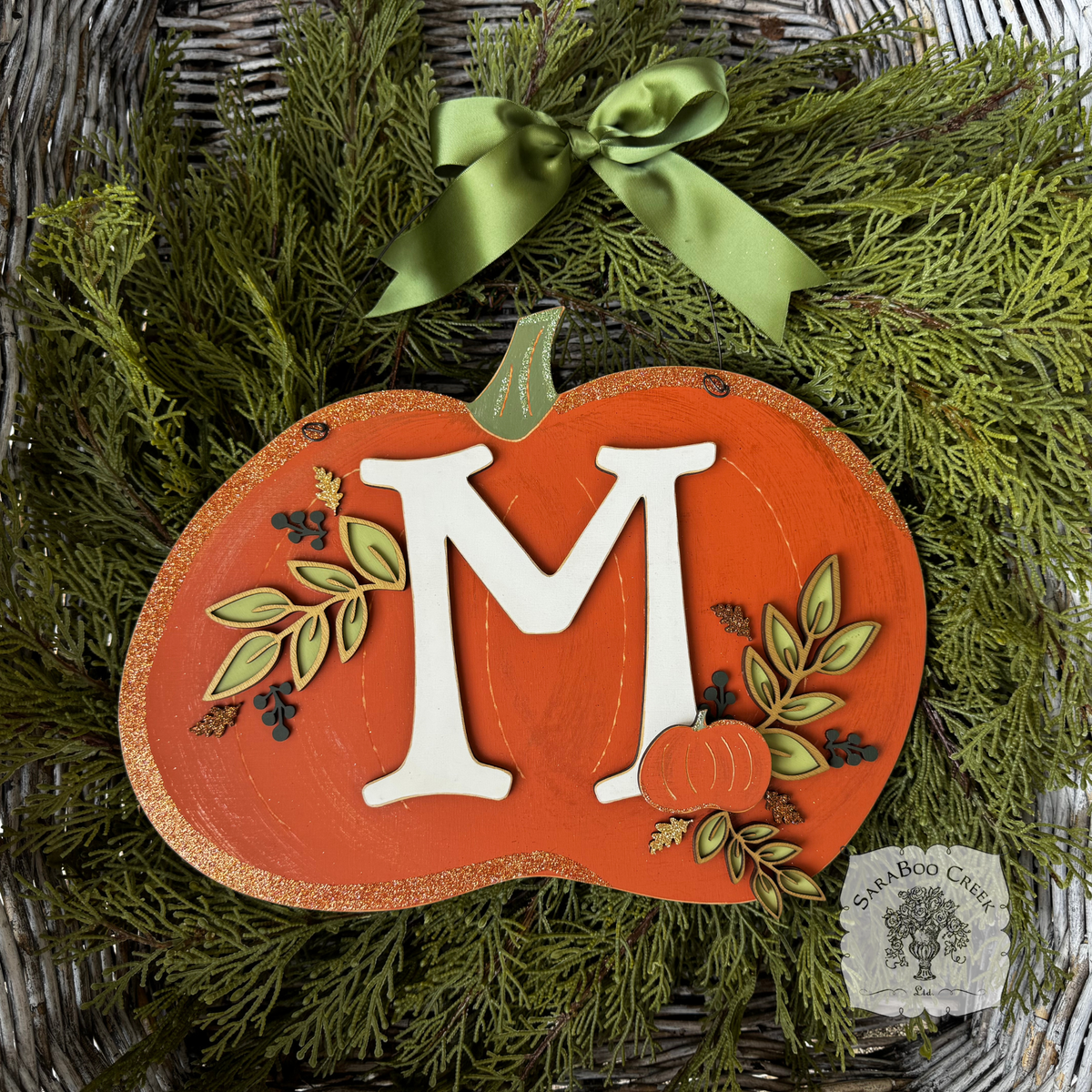 Botanical Orange Pumpkin Sign with Initial
